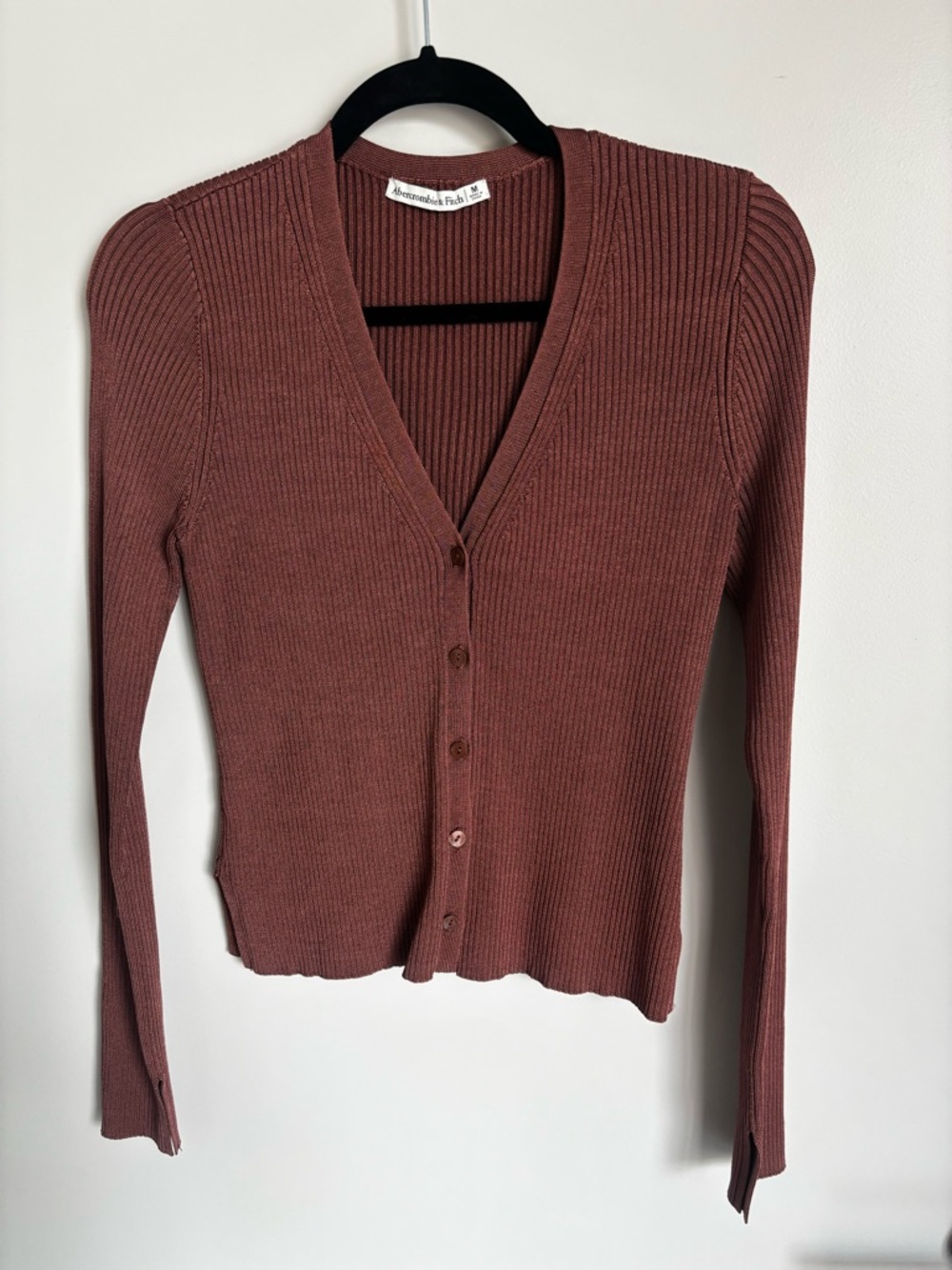 Abercrombie & Fitch Ribbed Button-Front V-Neck Cardigan - Dusty Rose Brown